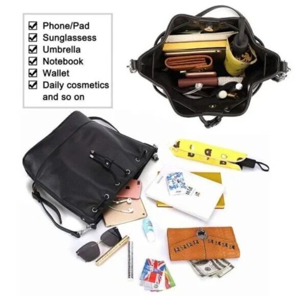 NEW BUCKET Bags with Drawstring Black Vegan Leather Hobo Handbag - Picture 6 of 7